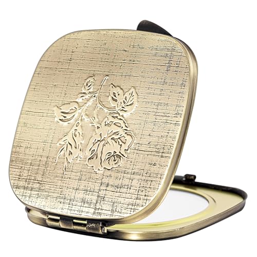 Travel Small Compact 1X/2X Mirror - Handheld, Foldable, Lightweight - Mini Pocket Magnifier for Wallet - Square 3.0 inches x 2.8 inches (Ancient Bronze) Ancient Bronze