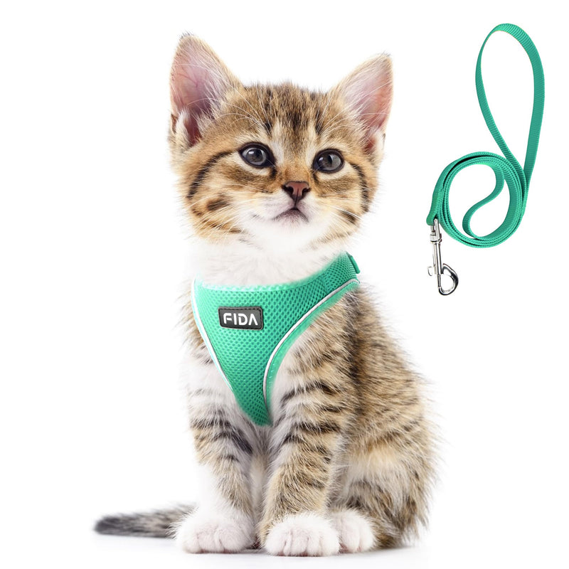 Fida Cat Harness and Leash Set for Walking Kitten and Puppy, Escape Proof Kitten Harness with Breathable Lightweight Soft Mesh, Adjustable Reflective Step-in Design. (XXXS, Green) XXXS (Neck:10.2"-11.4"; Girth:11.4"-12.6") Turquoise - BeesActive Australia