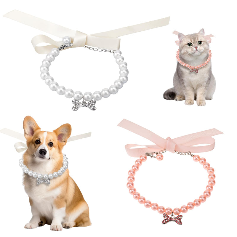 Small Dog Cat Pearl Collars and Pearl Necklace Set Fancy Cat Wedding Collar Jewelry with Bling Rhinestones for Girl Cat Puppy Dogs Kitten Party Wedding Birthday Accessories, Pink+white - BeesActive Australia