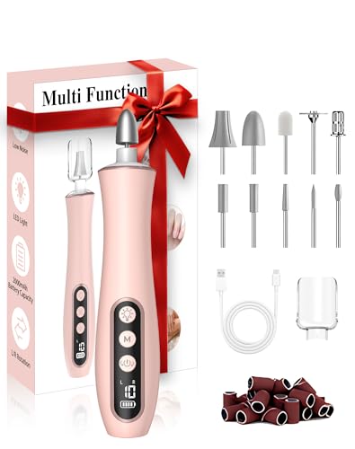 Cordless Nail Drill Electric Nail File, 10-in-1 Manicure Pedicure Kit Nail Grinder Set, 14000 RPM Rechargeable Acrylic Nail Tool, 10 Speeds LED Light LCD Display for Human, Toenails, Home(Pink) Pink