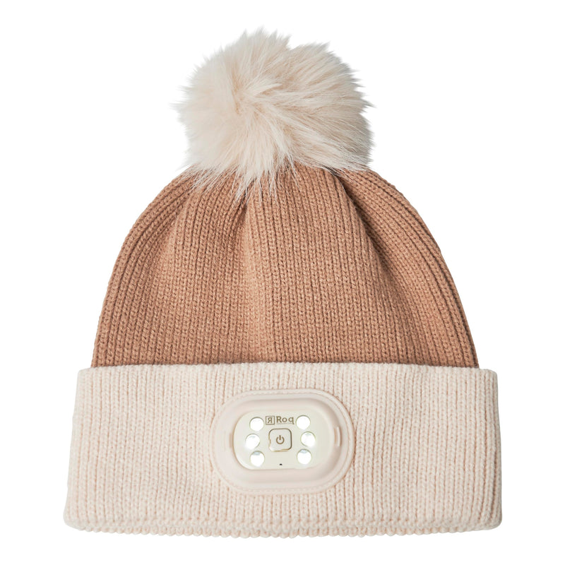 HEAD LIGHTZ Headlightz by Roq Innovation - POM POM Beanie with Light, Unisex LED Beanie Hat with Light Built in, Rechargeable Latte