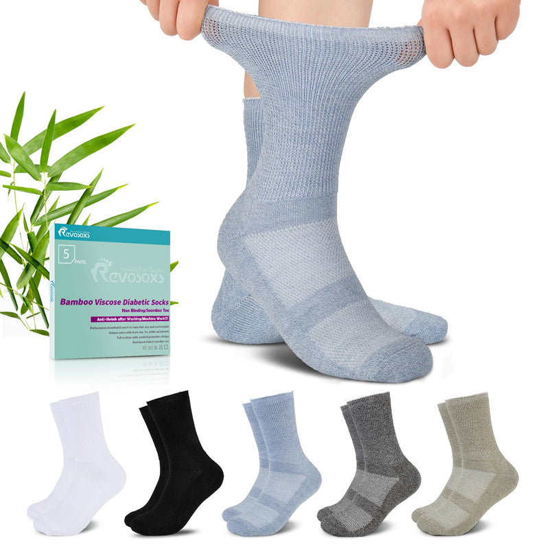 Diabetic Crew Socks for Men Women,Bamboo Viscose Non-Binding Loose Top Wide Socks with Seamless Toe 6-9 9-12 Black/White/Gray-blue/Coffee/Grass Gray Large
