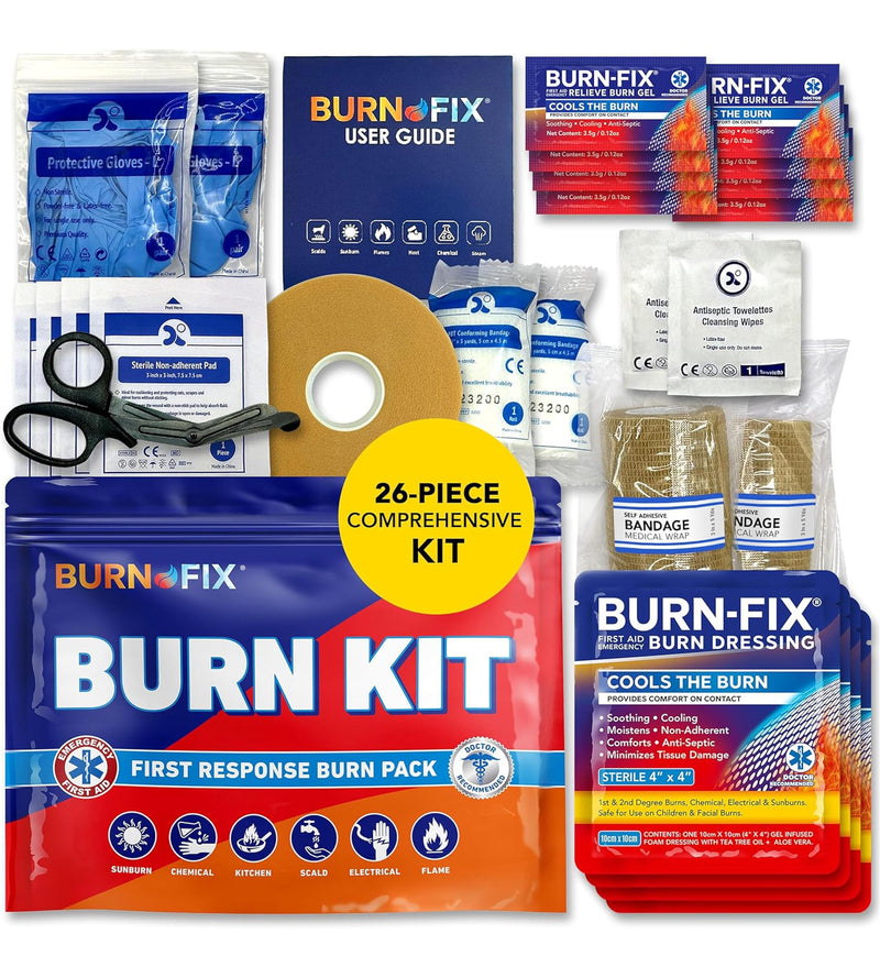 BurnFIX® Burn Kit First Aid Recommended by Doctors, Comprehensive 25pcs First Aid Kit Includes Burn Gel, Burn Dressing, Gloves, Scissors, Wipes for Quick Burn Relief - Sunburn, Electrical, Flame Burns - BeesActive Australia