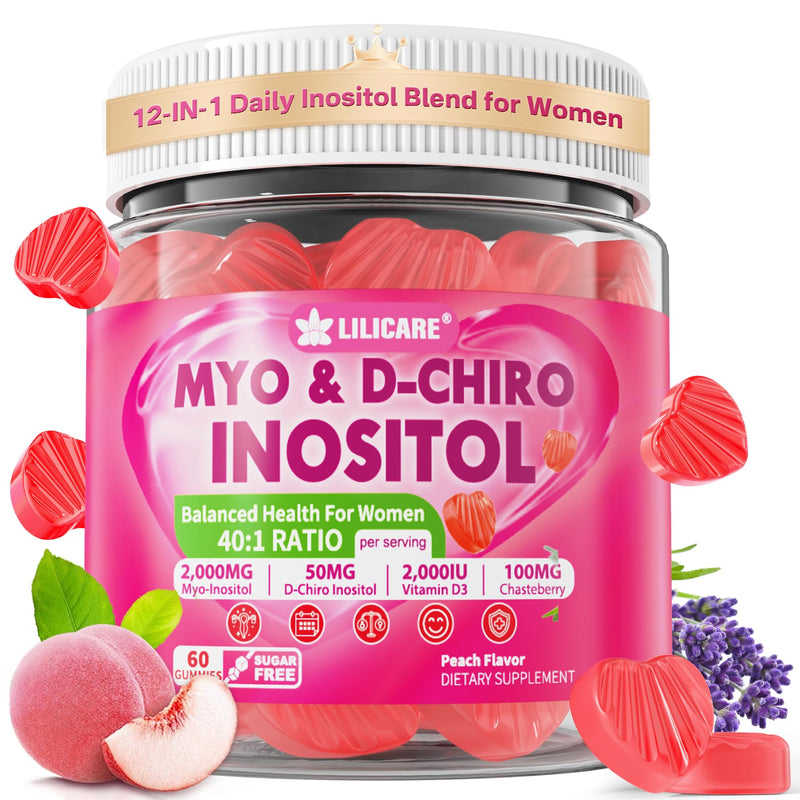 Inositol Gummies for Women + Chasteberry, Myo-Inositol & D-Chiro Inositol 2000mg + 50mg Ideal 40:1 Ratio with Methylated B12 & Folate, Choline, Magnesium,Vitamin D3 for Overall Health,Sugar Free,60Cts 60 Count (Pack of 1)