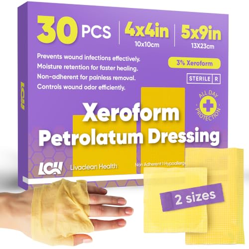 30 CT Xeroform Petrolatum Dressing – Non Stick Gauze Pads – 4" x 4" & 5" x 9" Occlusive Dressing – Fine Mesh Sterile Petroleum Gauze Dressing for Wound Care, Burns, Lacerations, & Skin Grafts