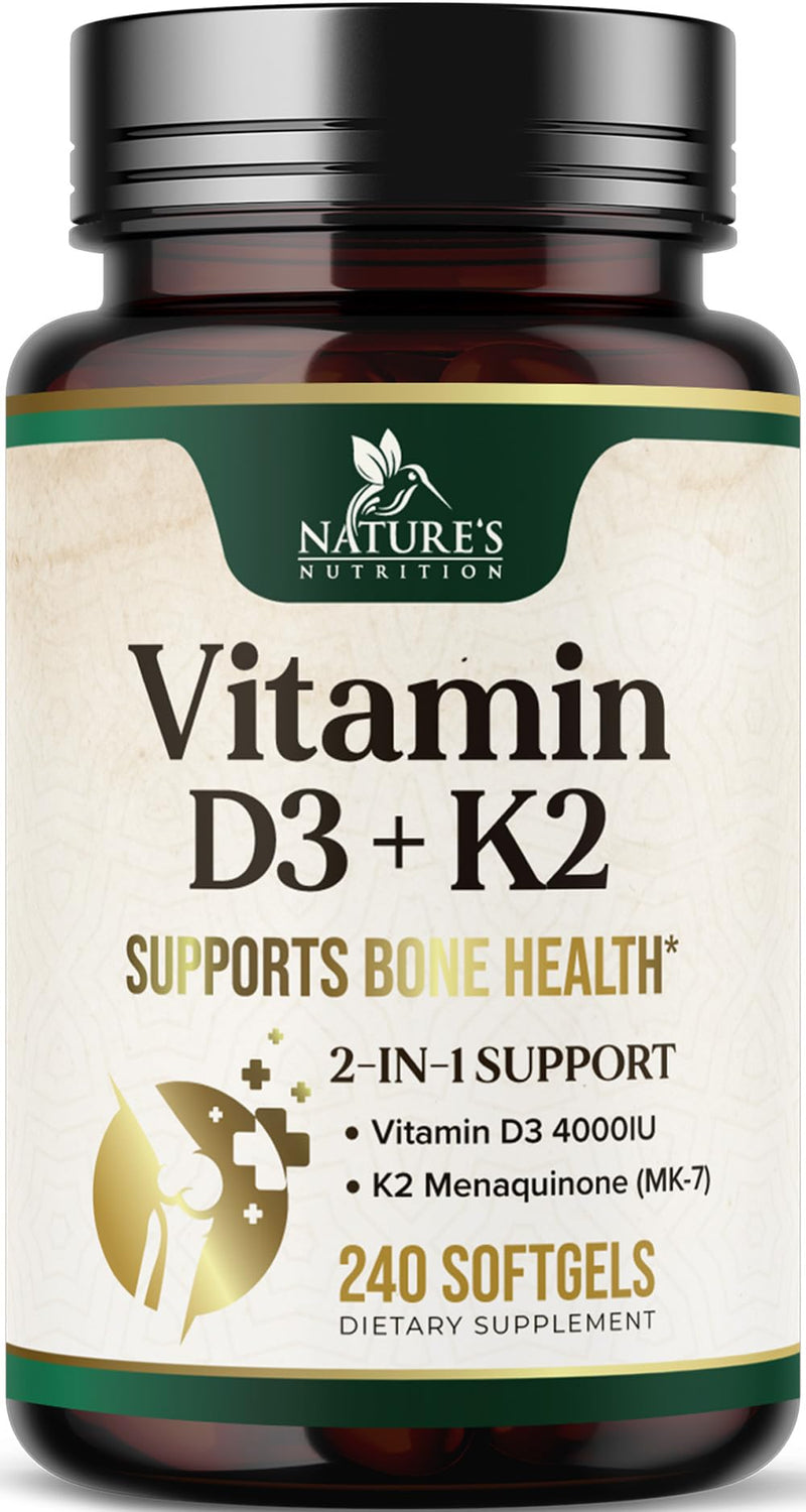 Vitamin D3 4000 IU 100mcg Per Serving - Extra Strength Vitamins D K2 2-in-1 for Bone, Heart, & Muscle Support - Immune Support & Calcium Absorption with Olive Oil - Non-GMO USA Bottled - 240 Softgels 240 Count (Pack of 1)