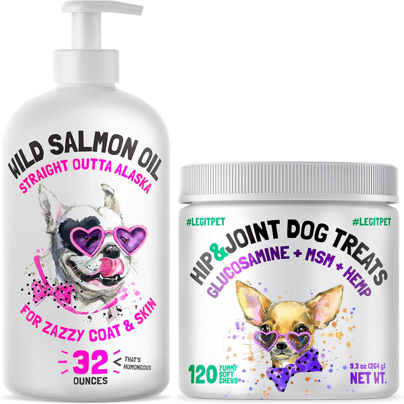 Wild Alaskan Salmon Oil for Dogs & Cats 32 oz and Hemp Hip & Joint Supplement for Dogs 120 Soft Chews