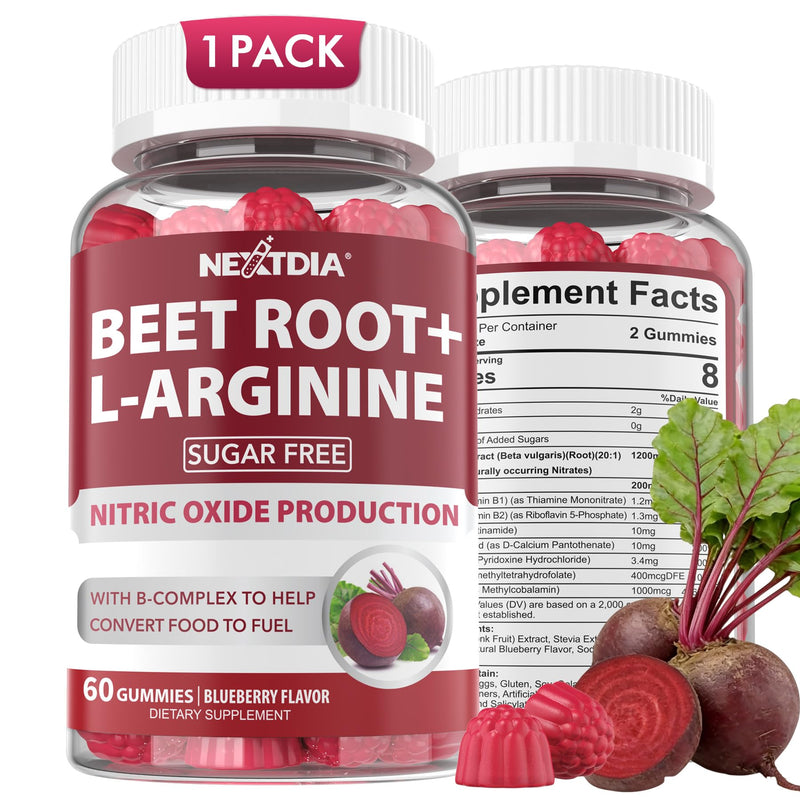 Beet Root Gummies 1200mg with L-Arginine, B1, B2, B3, B5, B6, Folate, B12 | Sugar Free 9 IN 1 Nitric Oxide Beetroot Gummies for Circulation, Energy Boost, Blood Flow, 60 Beets Chews, No-GMO, Vegan 60 Count (Pack of 1)