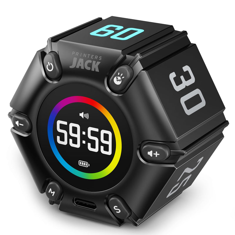 Jack Pomodoro Timer - Productivity Cube, Visual Focus Timer, Mute & Vibration & Adjustable Sound Alert, for Office, ADHD, Study, Work, 3/5/10/25/30/60min & Custom Countdown - Black Real Black - BeesActive Australia