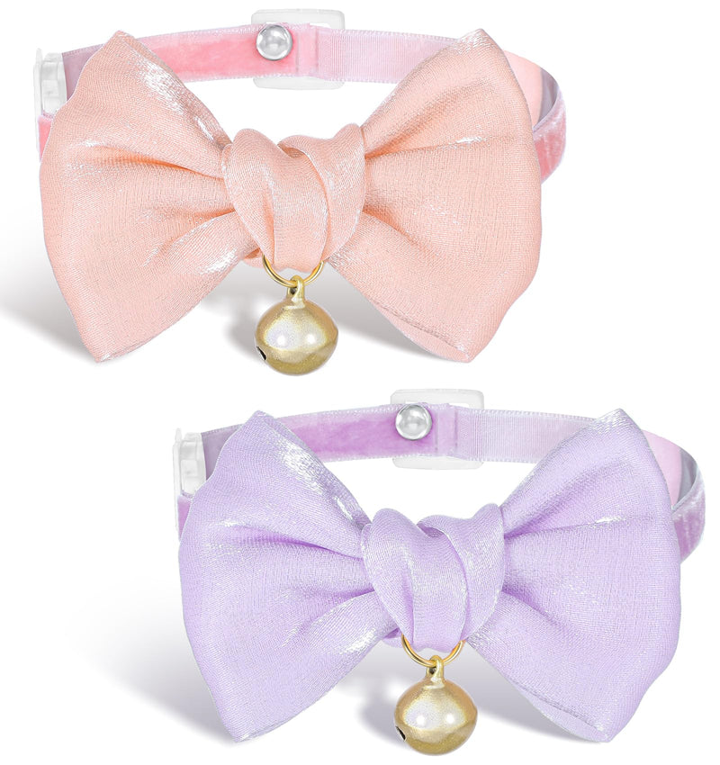 Cat Collar Bow Tie, 2 Pack Silk Pink Cat Collar Bow with Bell, Adjustable Breakaway Kitten Collars Soft and Cute Safety Collars for Girl and Boy Cats(Pink & Purple) - BeesActive Australia