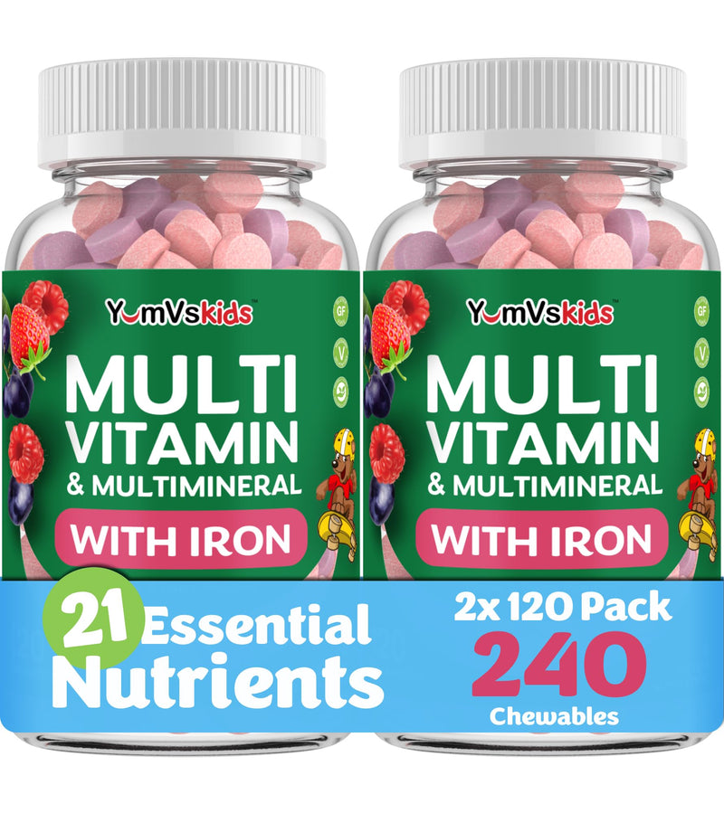 YUM-V'S Kids Multivitamin with Iron - Kids Chewable Multivitamin - Vitamins + Iron Supplement - Toddler Vitamins for 2 Year Old+, Kosher, Halal, Gluten Free 120 (Pack of 2 120 Count (Pack of 2)