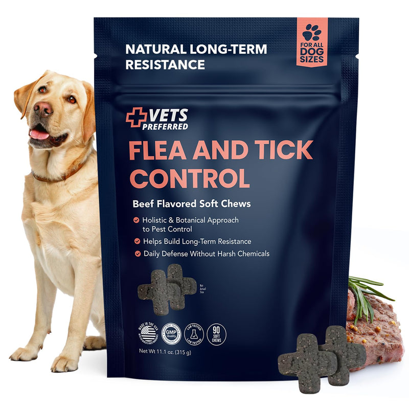 Vets Preferred Flea and Tick Prevention for Dogs Chewable - Daily Defense Without Harsh Chemicals - Immune Support & Antioxidant Protection - Beef Flavored - 90 Soft Chews