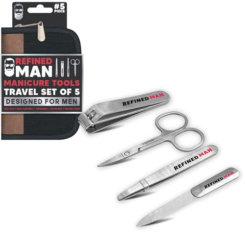 BLKSMITH Refined Man Manicure and Pedicure Kit Set of 5 - Manicure Kit for Men - Nail Clipper Kit with Nail File, Clippers, Scissors, Tweezer & Travel Case - Designed for Men (Black) Black