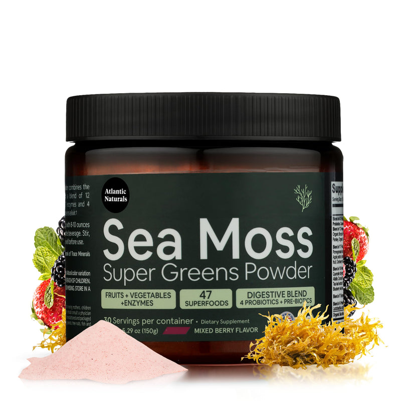 Atlantic Naturals Organic Sea Moss Super Greens Powder Superfood 5000mg | Daily Green Superfood Powder for Energy, Digestion & Immune Support | Enriched with Fruits, Veggies & Probiotics, Mixed Flavor
