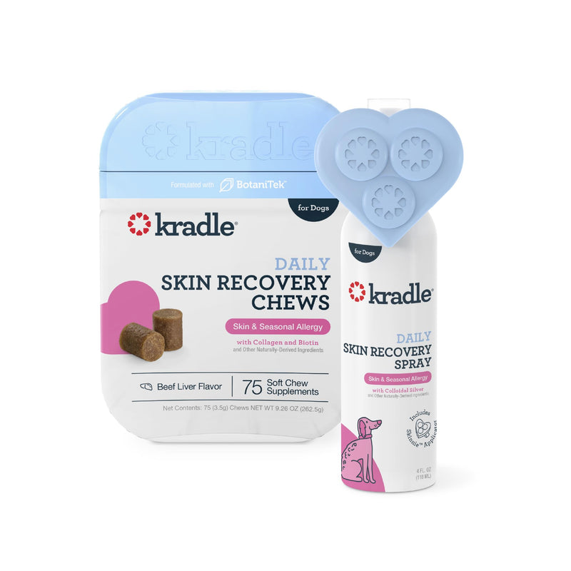 Kradle Skin Recovery Chews for Dogs - Biotin Collagen Zinc + Anti-Itch Spray - Soothes Environmental Skin Irritation - 75 Chews + 4oz Spray 75-Count Chews & 4oz Spray