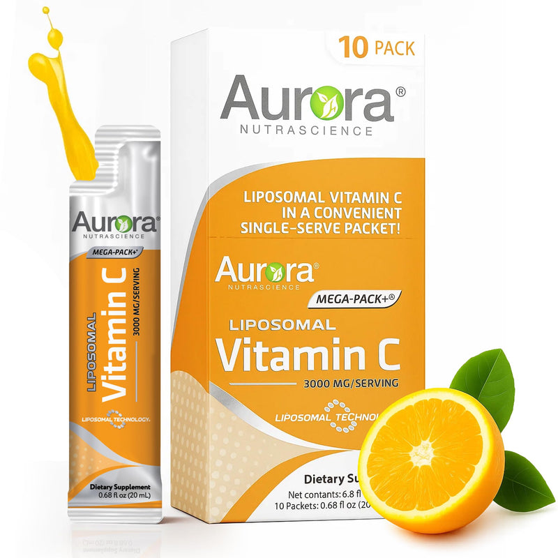 Aurora Nutrascience Liposomal Liquid Vitamin C, 10 Packets, Orange | Healthy Immune Support Supplement, 3000 mg per Serving, Sugar Free, Vegan, Gluten Free, Non-GMO, Single Serve Packets 10 Count (Pack of 1) Mega