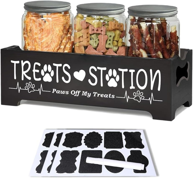 Dog Treat Container,Airtight Dog Food Storage Container with 3 Jars, Farmhouse Wood Dog Treat Jars, Pet Food Storage Containers for Dog, Cat or Small Animals(Black) - BeesActive Australia