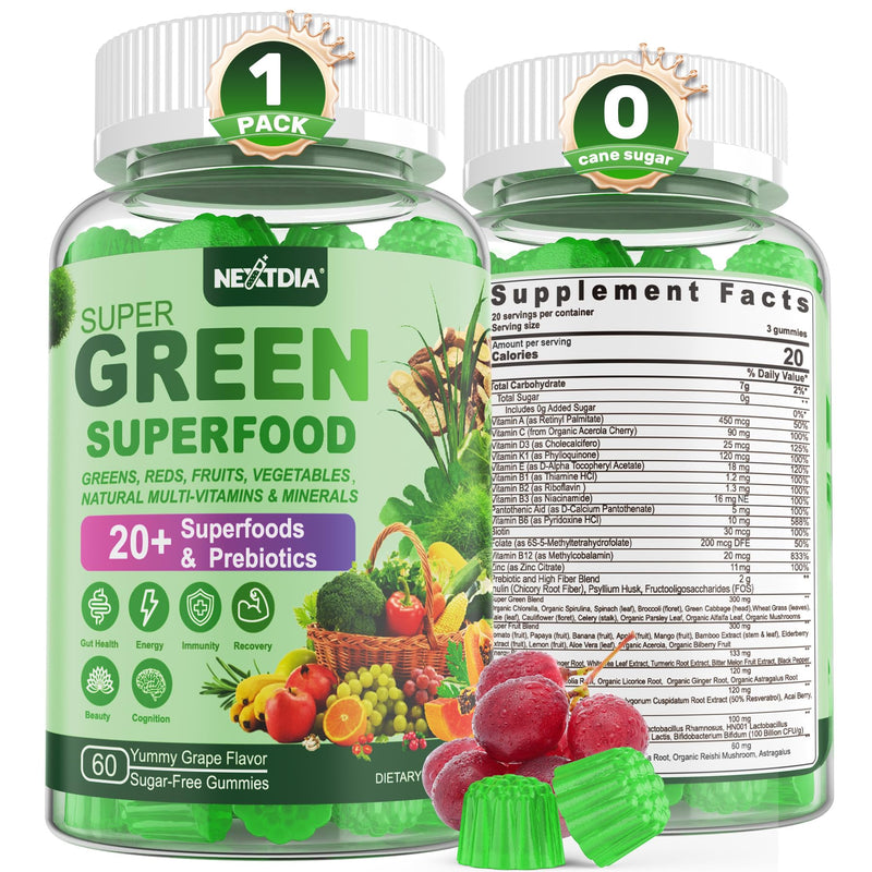 Super Greens Multivitamin Gummies, w/Spirulina, Chlorella, Multivitamins | Greens Superfood Gummies + Prebiotic Fiber, Adaptogens, Adults Vitamins for Gut Health, Immunity, Focus & Energy, 60Cts 60 Count (Pack of 1)