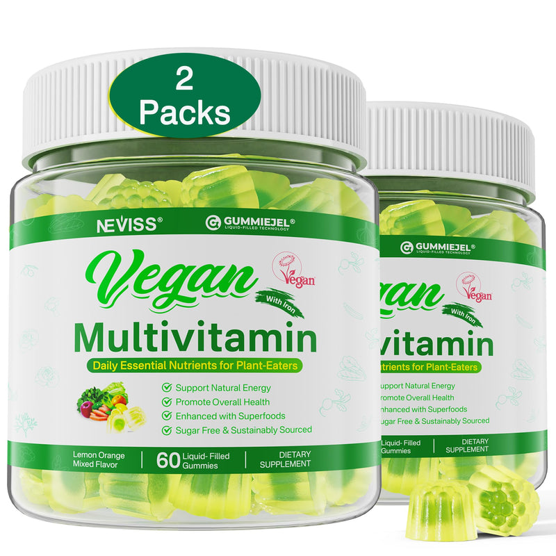 2Pack Vegan Multivitamin Gummies, Adult Vegans & Vegetarians Daily Vitamins | with Methyl B12, D3 K2, Plant Based Omega 3 (DHA+EPA), Iron, Choline, Zinc, Women Men Whole Food Vitamins Gummies, Sugar Free 60 Count (Pack of 2)