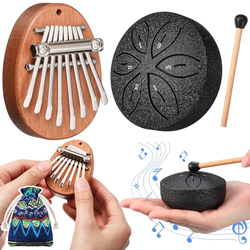 2 Pcs Mini Kalimba and Tongue Drum Set 8 Keys 6 Notes,Black Black
