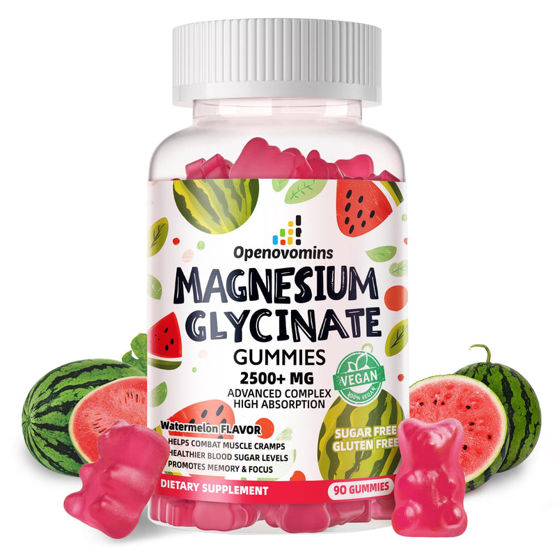 Magnesium Glycinate Gummies 2500mg - Sugar Free Magnesium Potassium Supplement with Vitamin D, B6, CoQ10 for Calm Mood & Sleep Support - 90 Watermelon Gummies 90 Count (Pack of 1)