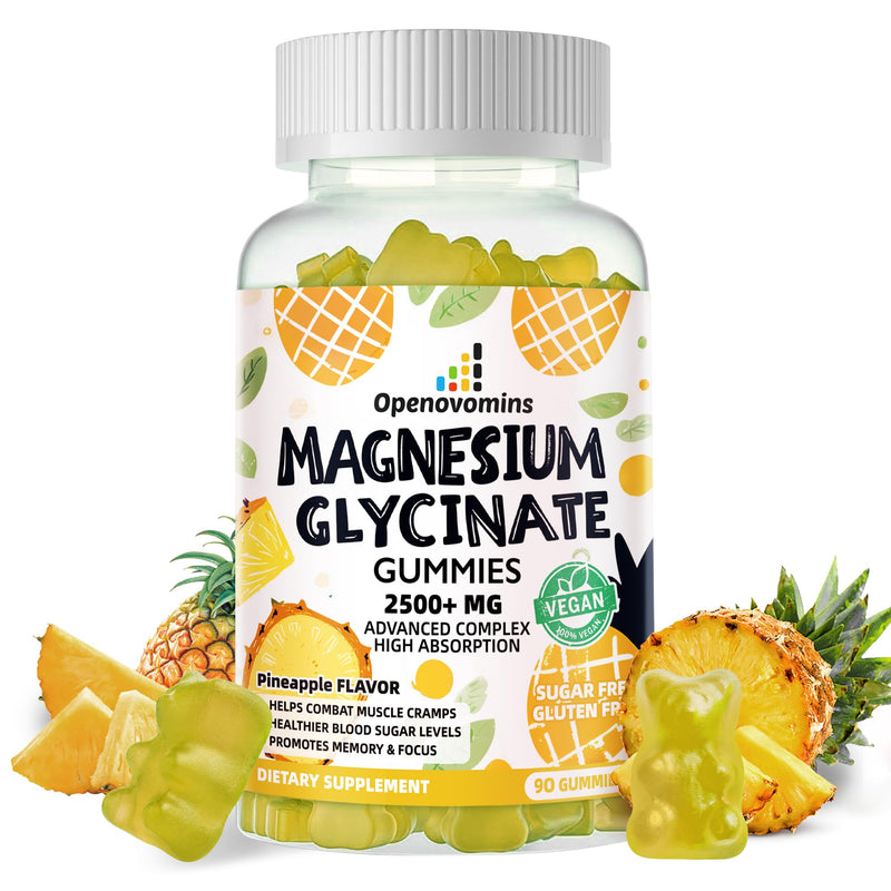 Magnesium Glycinate Gummies 2500mg - Sugar Free Magnesium Potassium Supplement with Vitamin D, B6, CoQ10 for Calm Mood & Sleep Support - 90 Pineapple Gummies 90 Count (Pack of 1)