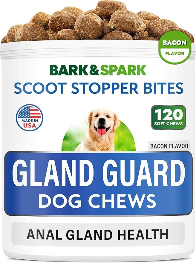 BARK&Spark Gland Guard - Anal Gland Support - Scoot Treatment - Prebiotics & Digestive Enzymes Supplement for Dogs Digestion & Gut Health. Proprietary Blend: Beet, Psyllium, Dandelion & Pumpkin 120Ct Bacon - PawsPlanet Australia