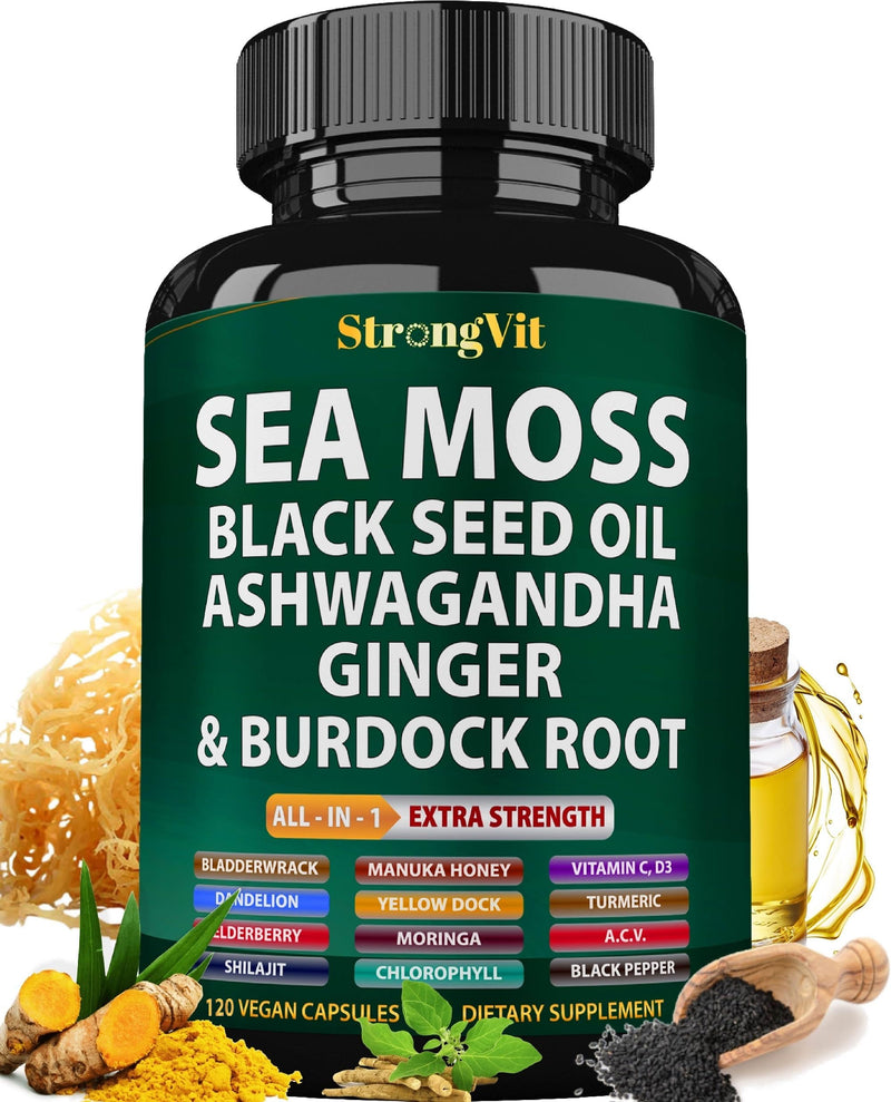 Sea Moss Black Seed Oil Ashwagandha Ginger, Organic Sea Moss Capsules with Burdock Root, Irish Seamoss Pills with Bladderwrack, Turmeric, Shilajit, Multimineral Supplement, USA (120 Capsules) 120 Count (Pack of 1)