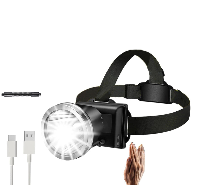 Super Bright Rechargeable Headlamp Led Spotlight Head Lamp, USB C Waterproof Headlight for Forehead with long Battery Life, 90°adjustable Sensor Headlamps Flashlight for Outdoor Hunting,Fishing,Hiking 5200mAh(threaded column)