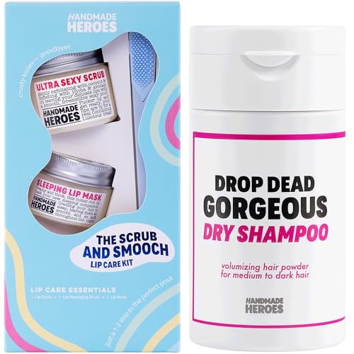 Handmade Heroes 100% Natural Lip Scrub and Lip Mask, Vegan Conditioning Coconut Lip Exfoliator and Volumizing Hair Powder Dry Shampoo Set (Brunette) - Clean Skincare