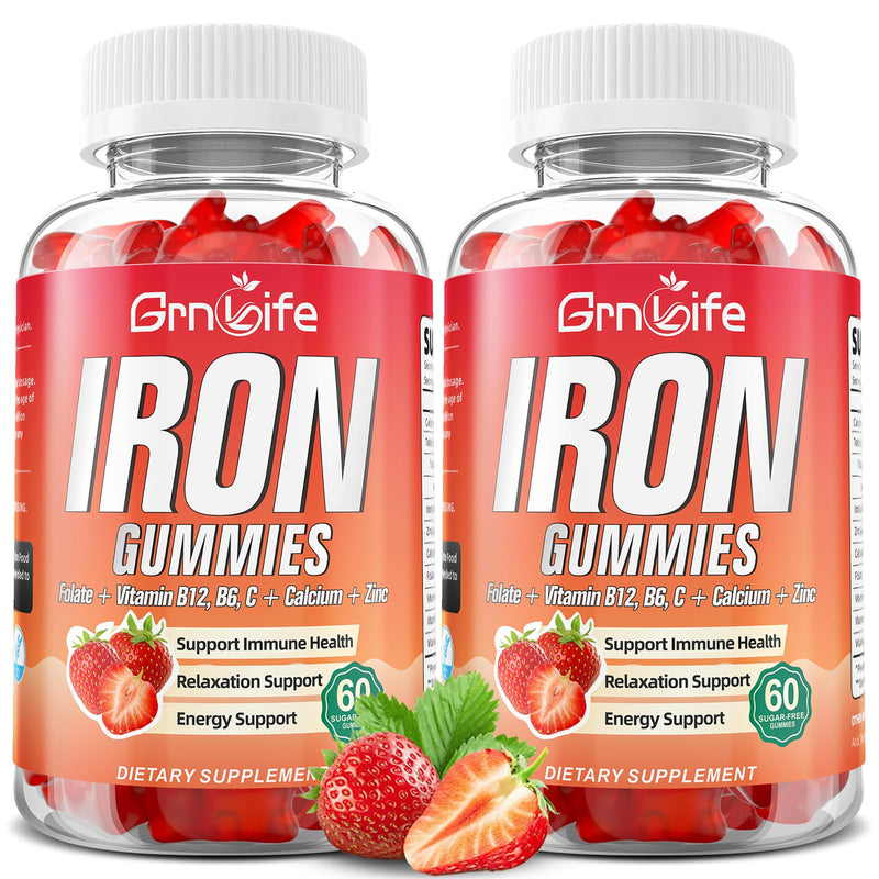 Iron Gummies for Women, Men & Kids, Sugar Free Iron Supplement with Calcium, Zinc, Folate & Vitamin B12, C, B6 - for Blood Building & Energy Support, Anemia, Strawberry, 120 Count 60 Count (Pack of 2)