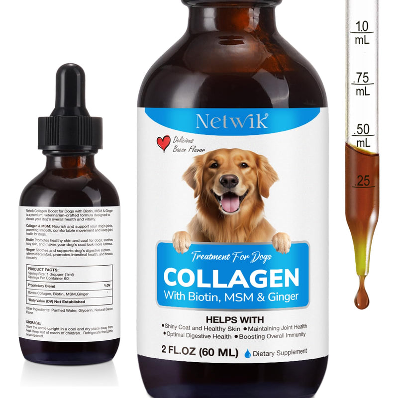 Collagen for Dogs - Skin and Coat Supplement for Dogs, Dog Liquid Collagen, Collagen Supplement for Dogs - Collagen with Biotin, MSM & Ginger - 2 fl oz - PawsPlanet Australia