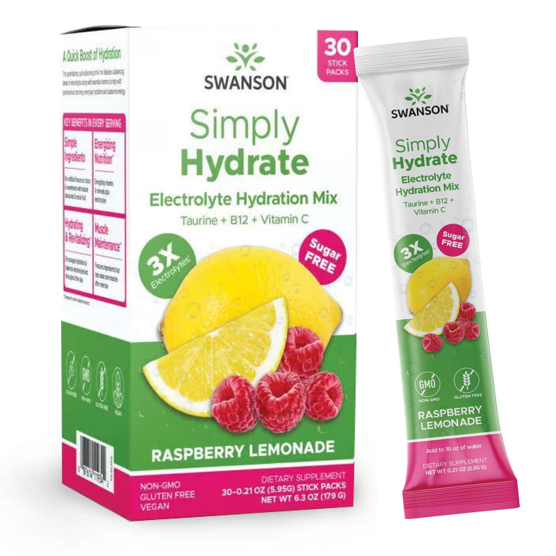 Swanson Simply Hydrate Sugar-Free Electrolyte Mix, 30 Packets, Variety Pack | Sugar-Free Electrolyte Blend Replenishing Potassium and Magnesium for On-the-Go Hydration, for Athletes and Active Adults Raspberry