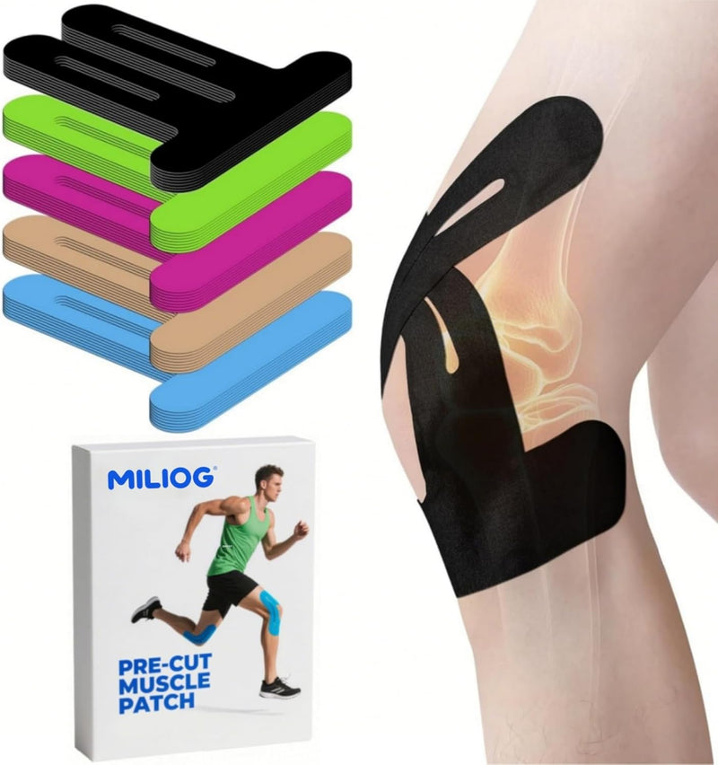 PreCut Kinesiology Tape for Knees, KTQUICK 12 PCS 5% Extra Adhesive Knee Tape for Knee Pain Relief Pre Cut, Anatomical for Maximum Hold, Waterproof&Hypoallergenic Cotton Latex-Free for Sports (Black) 12PCS Black - BeesActive Australia