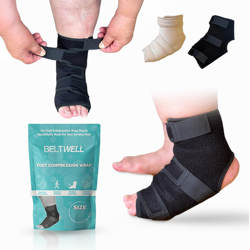 Beltwell¬Æ - Adjustable Foot & Ankle Compression Wraps For Edema, Lymphedema, Swelling, Neuropathy, Diabetic Foot Care, Circulation (2 Wraps) Large Black - BeesActive Australia