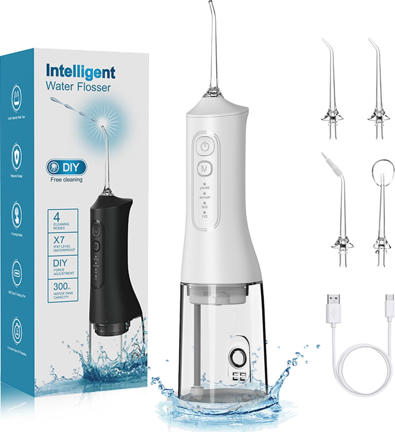 Portable Cordless Water Dental Flosser Teeth Pick 300ML Rechargeable Oral Irrigator with 4 Modes, IPX7 Waterproof,Powerful Flossing for Gum Care, Braces, and Deep Cleaning (White) White