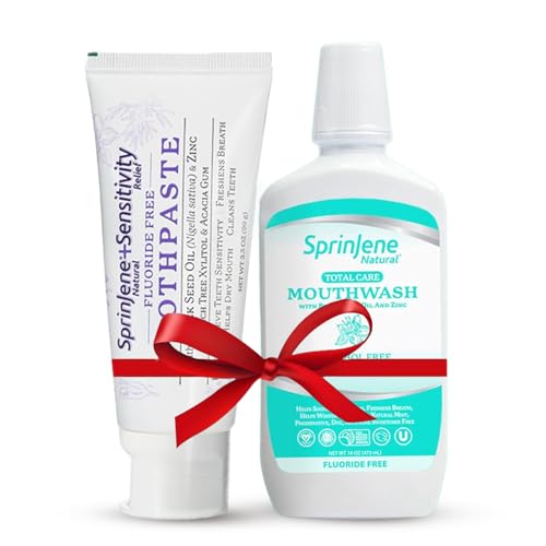 SprinJene Natural Sensitivity Relief, Fluoride Free Toothpaste for Sensitive Teeth (4 Pack) + Fluoride Free & Alcohol Free Mouthwash