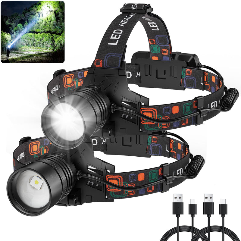 Rechargeable Headlamp 2Pack, 99000 Lumens Super Bright LED Head Lamp with 3 Modes, 90° Adjustable Head Lights for Forehead, 45H Long Runtime & IPX6 Waterproof HeadLamps for Camping Hunting Hiking 2