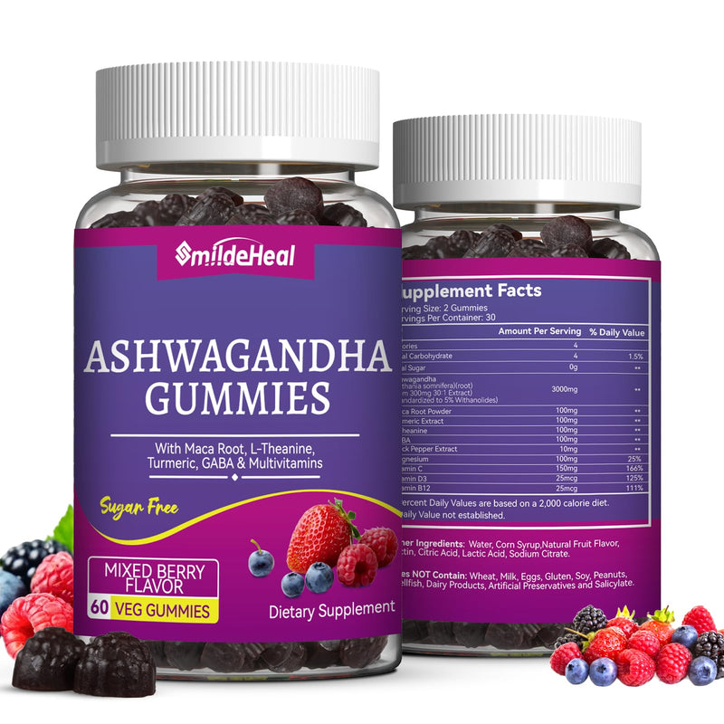 Ashwagandha Gummies 3000mg for Calm & Stress Relief, 120 Count, Vegan | Ashwagandha High Strength Root Extract Supplement with L-Theanine, Trumeric, D3 for Women & Men - Natural Mixed Berry Flavor 60 Count (Pack of 2)