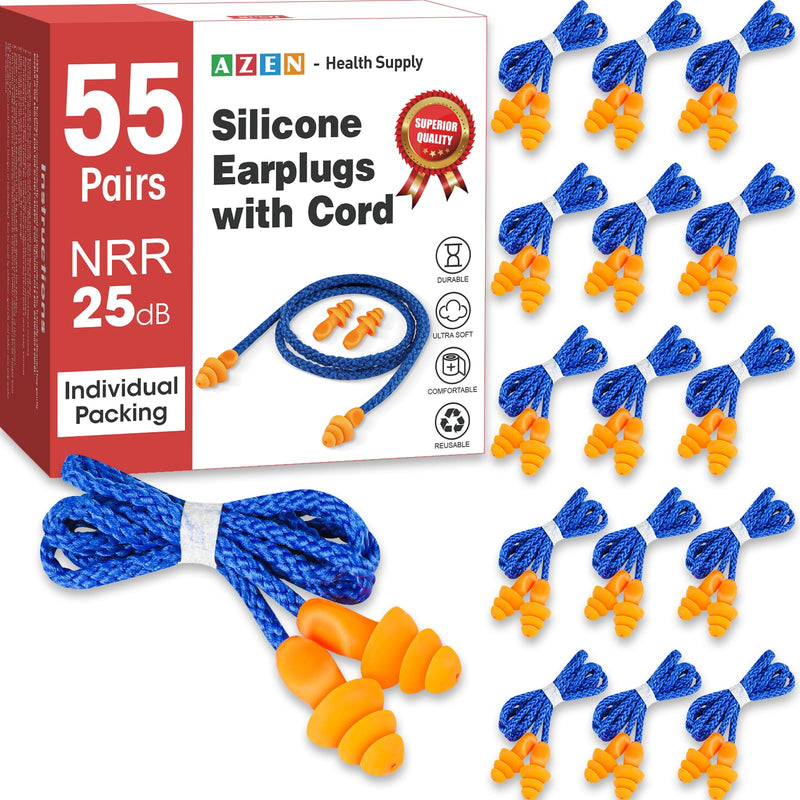 AZEN 55 Pairs Silicone Ear Plugs, Reusable Earplugs for Noise Reduction, 25dB NRR Corded Ear Plug for Sleeping Noise Cancelling, Ear Plug with String Individual Packing A-55pair
