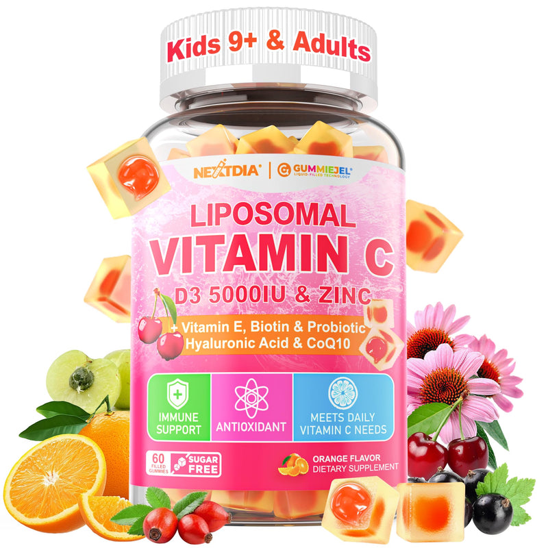 Liposomal Vitamin C 1000mg + D3 5000IU + Zinc Gummies for Kids/Teens 9+ & Adults, for Women, Elderberry for Immune, Folate, Hyaluronic Acid, VE, for Beauty, Energy, Overall Health, Sugar Free Chewable 60 Count (Pack of 1)