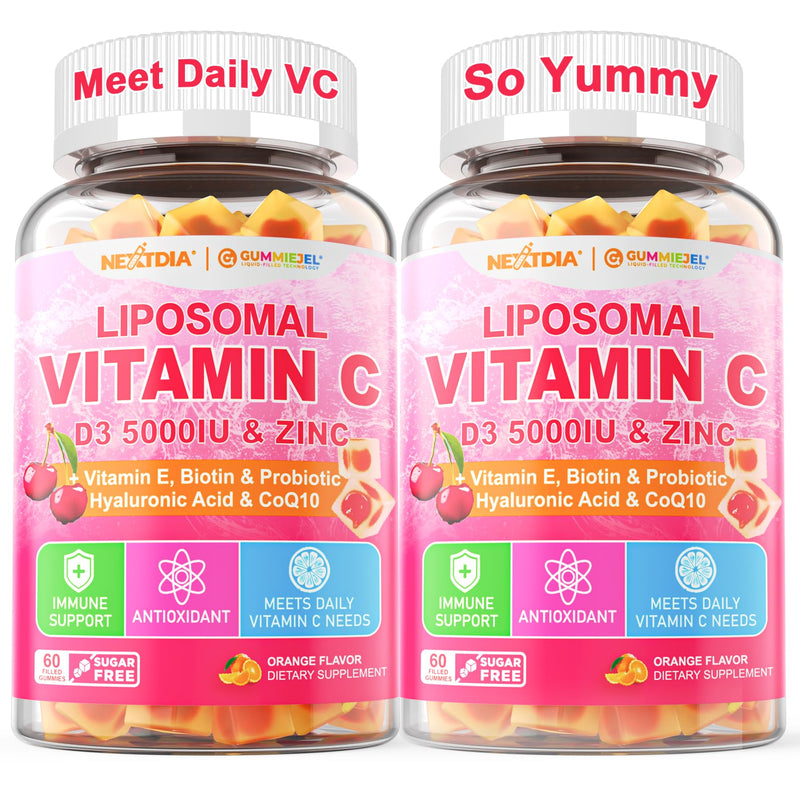 Liposomal Vitamin C 1000mg + D3 5000IU + Zinc Filled Gummies, Folate 800mcg Chewable Supplement, Elderberry for Immune, Hyaluronic Acid, VE, for Beauty, Energy & Overall Health, Sugar Free, ﻿2 Pack 60 Count (Pack of 2)