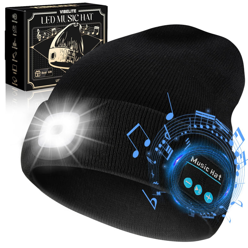 VIBELITE Bluetooth Beanie Hat with Light, USB Rechargeable LED Headlamp with Wireless Headphones, Gifts for Men, Him, Husband, Boyfriend, Dad Gifts for Dad, Husband, Father, Black Music Led Hat - BeesActive Australia