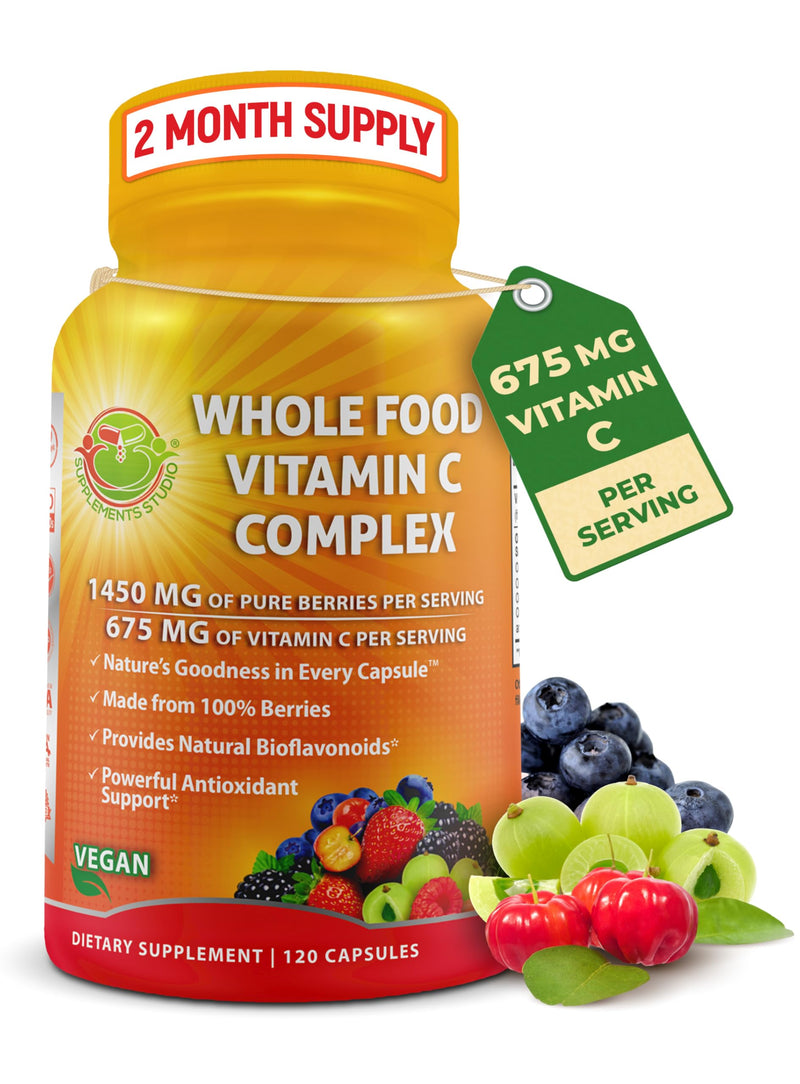 Whole Food Vitamin C Complex - 1450mg Organic Berries - 675 mg Vitamin C per Serving, High-Potency Antioxidant & Immune Support with Acerola, Amla and Natural Bioflavonoids - Vegan, Non-GMO, 120 Count Organic Vitamin C Capsule 675mg - 120 ct