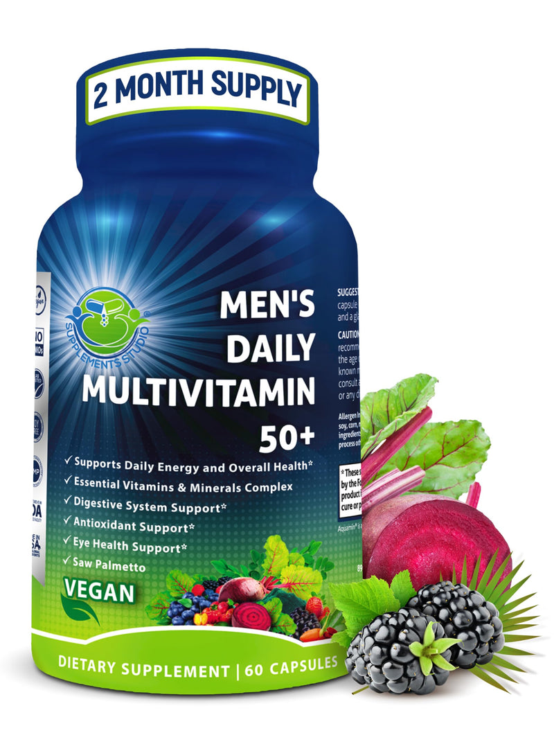 Vegan Methylated Multivitamin for Men 50 and Over - Saw Palmetto & Lutein | Men's Daily Multivitamin 50 Plus - Eye, Energy & Digestive Support, Organic Superfoods, Biotin, Easy-to-Swallow Capsules 60 Count (Pack of 1) Men's 50+ Multivitamin