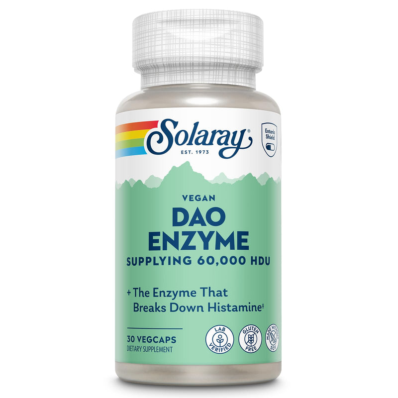 SOLARAY DAO Enzyme 60000 HDU, 30 VegCaps | Histamine Digestion Support, Plant Based DAO Enzyme, Enteric Coated, 30 Servings, Vegan, Lab Verified 30 Count (Pack of 1)