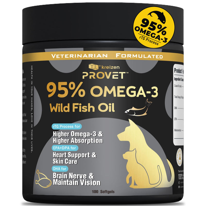 95% Omega 3 Fish Oil for Dogs & Cats, Vet-Formulated with RTG Processed Salmon Oil, Maximum EPA & DHA, Supports Heart, Skin, Coat, Joint，Heart & Immune Health, 100 Soft Gels - BeesActive Australia
