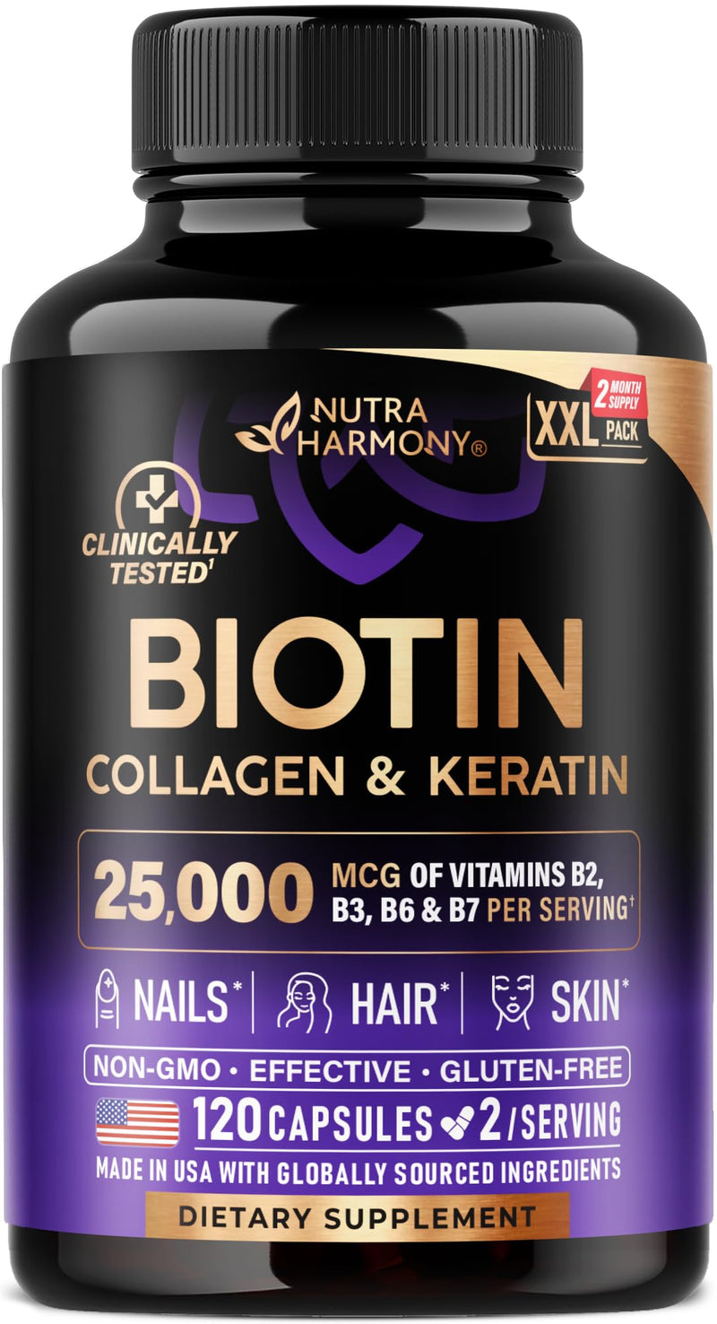 Biotin, Collagen, Hyaluronic Acid & Keratin - Hair Growth Support, 120 Caps | Hair, Skin & Nails Vitamins - Clinically Tested Supplement for Men & Women - 25000mcg Vitamins B1, B2, B3, B6 & B7 120 Count (Pack of 1)