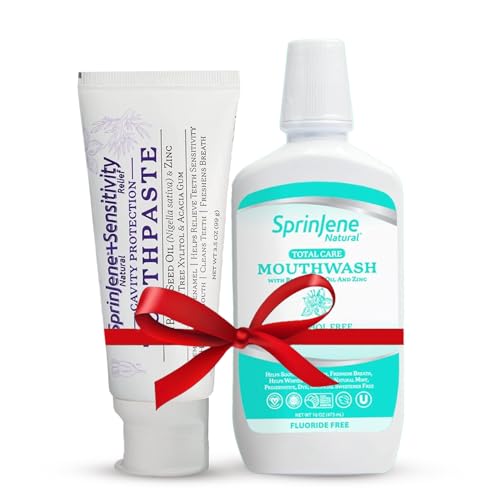SprinJene Natural Sensitivity Relief, Fluoride Toothpaste for Sensitive Teeth & Gum (4 Pack) + Fluoride Free Mouthwash with Natural Ingredients