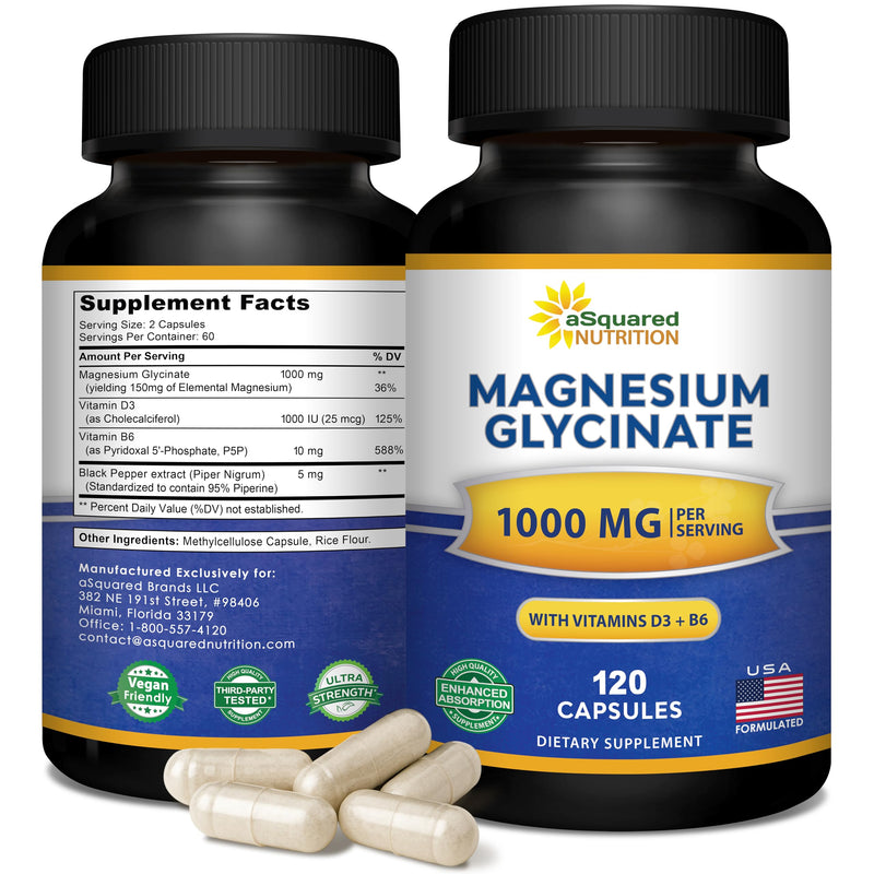 Magnesium Glycinate 1000mg with D3 & B6 - Mag Complex - 500mg per Capsule | Glycinate with Vitamin D3 & B6 - 120 Capsules - Pure Elemental Supplement for Sleep - Replace Gummies, Tablets & Powder